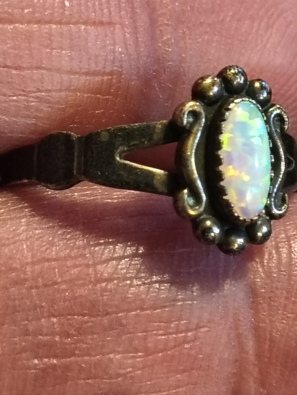 Vintage Native American Handmade Opal Cabochon Sterling-Style Ring Signed Size 9